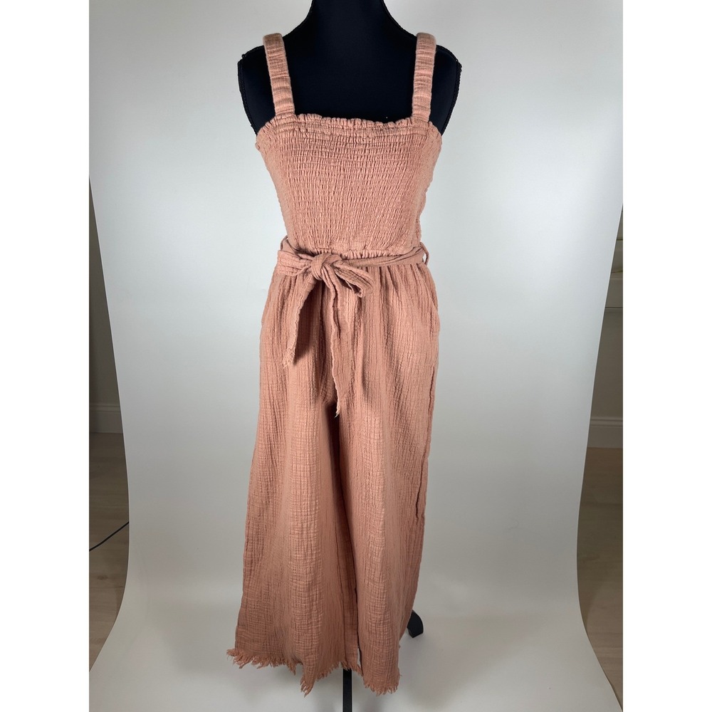 Loveriche Womens Smocked Gauze Jumpsuit Pink Cotton Wide Leg Boho Sz Small